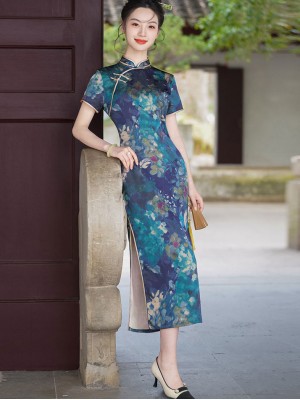 Blue Floral Print Mothers Maxi Qipao Cheongsam Dress