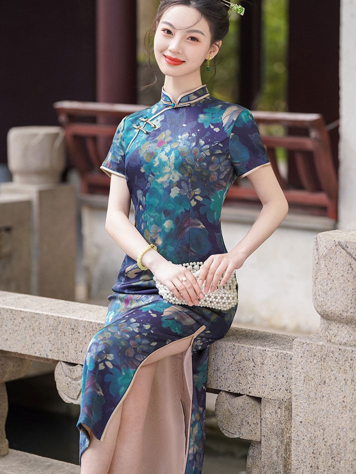Blue Floral Print Mothers Maxi Qipao Cheongsam Dress