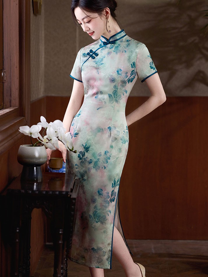 Floral Print Mothers Midi Cheongsam Qipao Dress