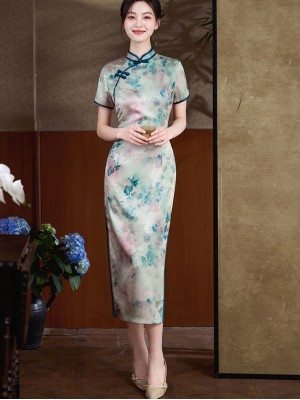 Floral Print Mothers Midi Cheongsam Qipao Dress