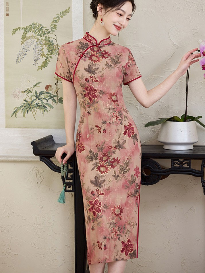 Red Shimmer Floral Print Midi Cheongsam Qipao Dress