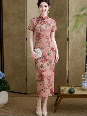 Red Shimmer Floral Print Midi Cheongsam Qipao Dress