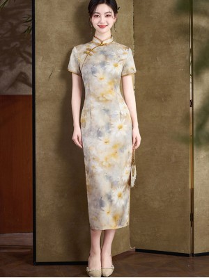 Summer Floral Print Mothers Maxi Qipao Cheongsam Dress