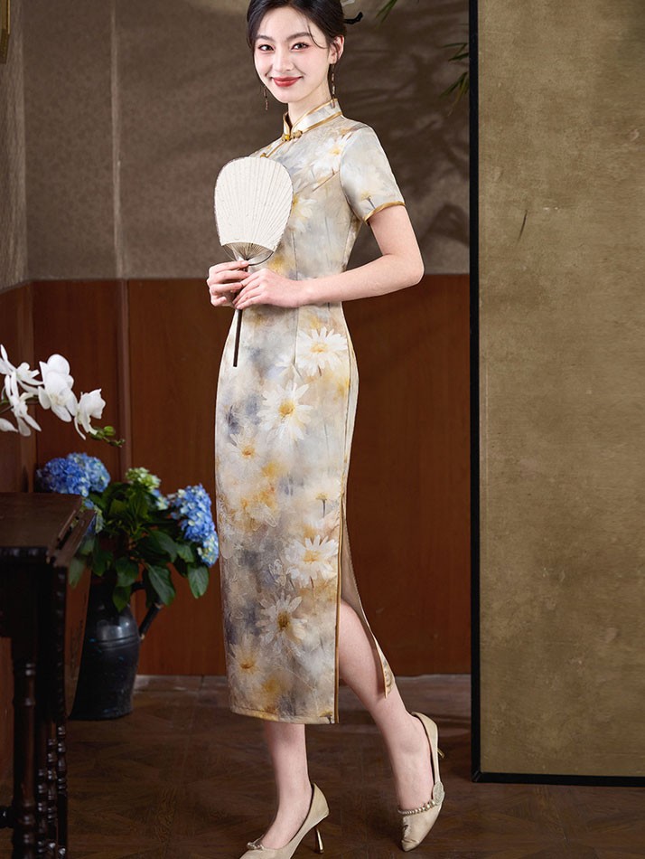 Summer Floral Print Mothers Maxi Qipao Cheongsam Dress
