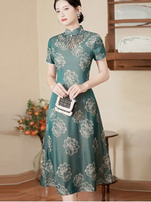 Green Floral Print Mothers A-Line Cheongsam Qipao Dress