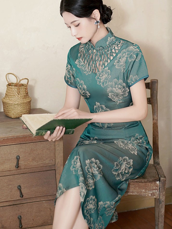 Green Floral Print Mothers A-Line Cheongsam Qipao Dress