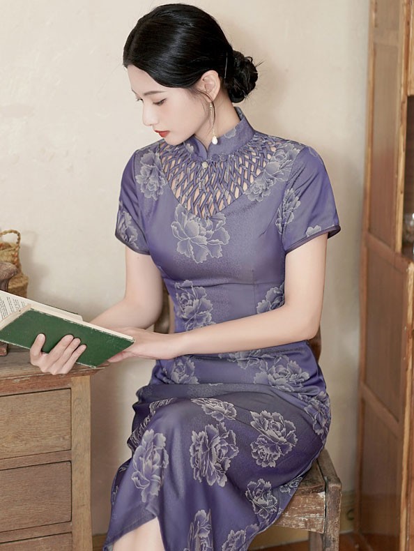 Purple Floral Print Mothers A-Line Cheongsam Qipao Dress