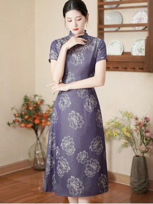 Purple Floral Print Mothers A-Line Cheongsam Qipao Dress