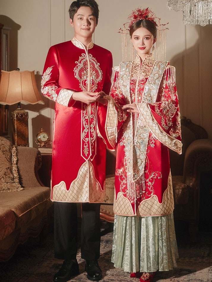 Beads Appliques Tassels V-Neck Bridal Qun Kwa Xiuhe