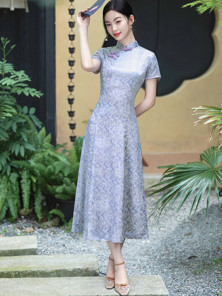 Mothers A-Line Floral Print Maxi Cheongsam Qipao Dress