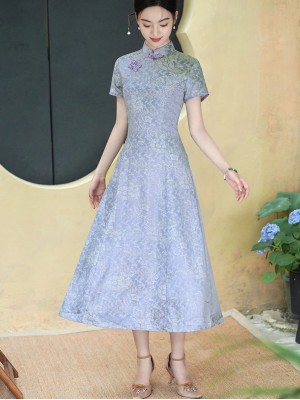 Mothers A-Line Floral Print Maxi Cheongsam Qipao Dress