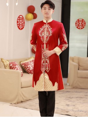Red Beads Appliques Chinese Man Groom Wedding Coat