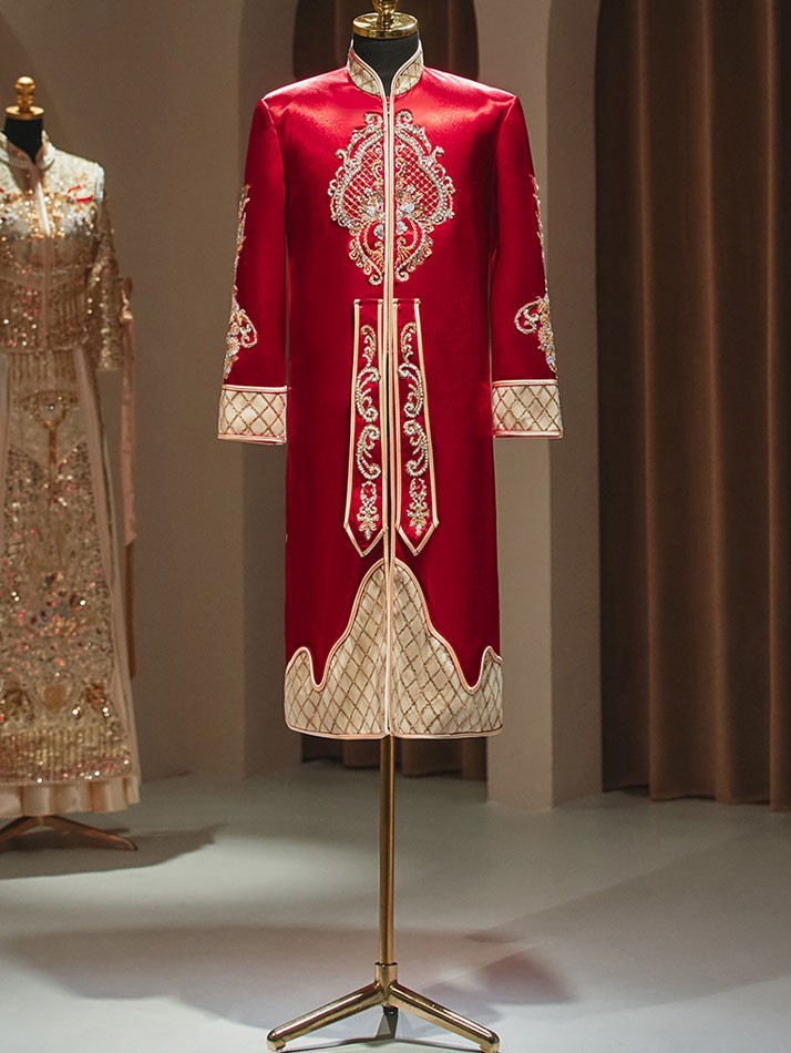 Red Beads Appliques Chinese Man Groom Wedding Coat