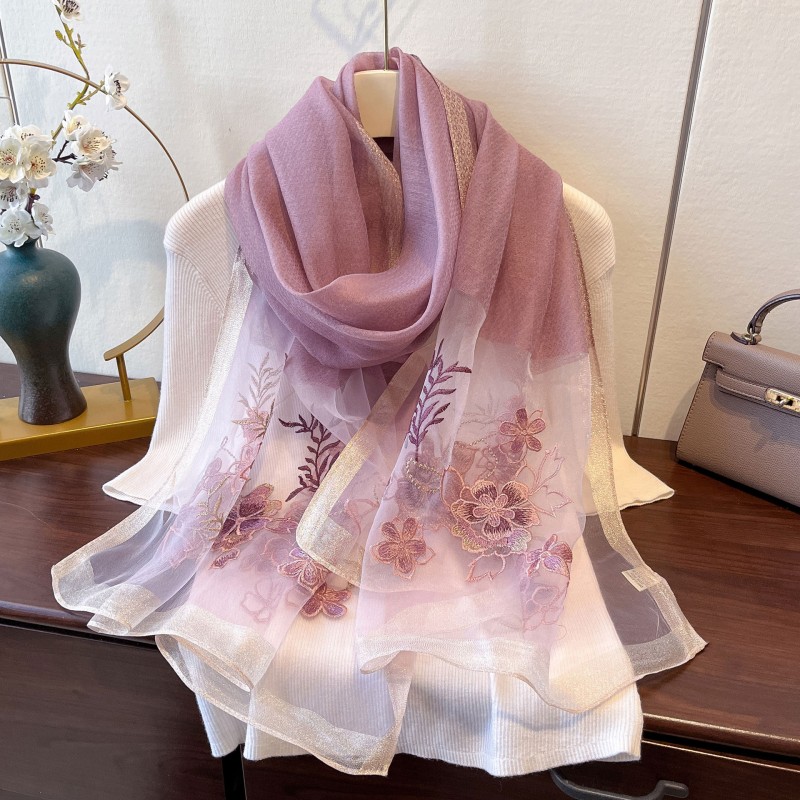 Embroidered Floral Mulberry Silk Women Lightweight Scarf Shawl