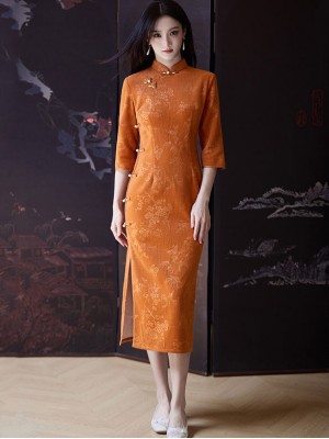 Orange Floral Midi Winter Qipao Cheongsam Dress