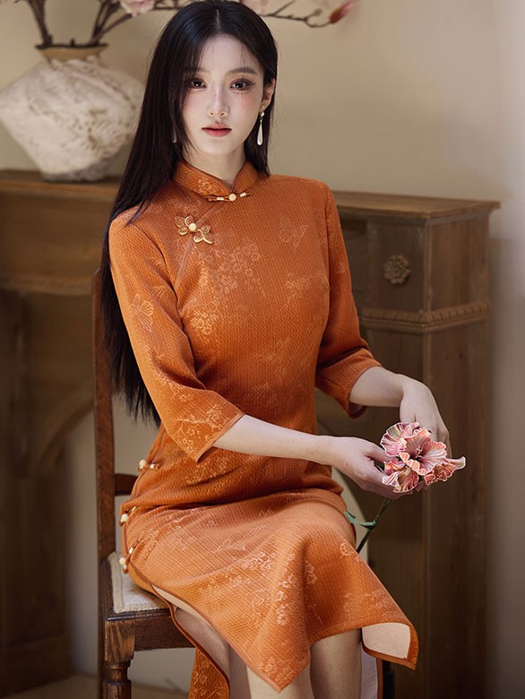 Orange Floral Midi Winter Qipao Cheongsam Dress