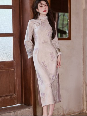 Purple Floral Long Sleeve Winter Cheongsam Qipao Dress