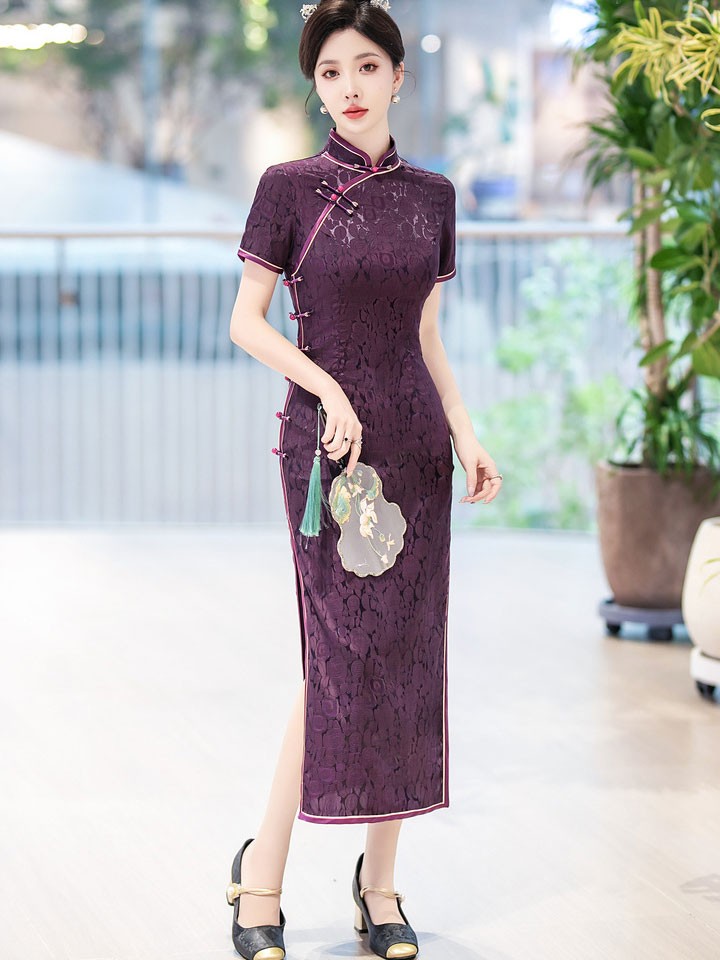 Purple Jacquard Floral Silk Qipao Cheongsam Dress