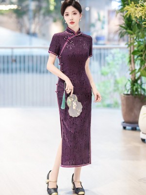 Purple Jacquard Floral Silk Qipao Cheongsam Dress