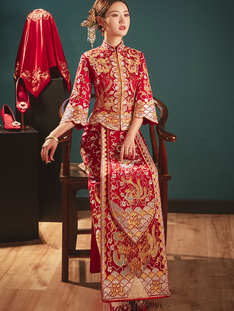 Beads Dragon Phoenix Embroidery Wedding Bridal Qun Kwa