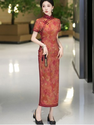 Red Floral Print Silk Mothers Long Qipao Cheongsam Dress