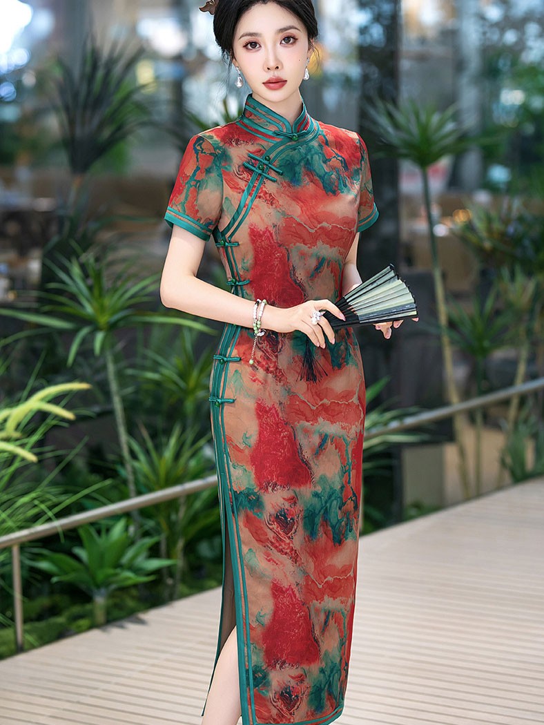 Sunset Print Silk Mothers Long Qipao Cheongsam Dress Sunset Print Silk Mothers Long Qipao Cheongsam Dress