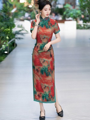 Sunset Print Silk Mothers Long Qipao Cheongsam Dress