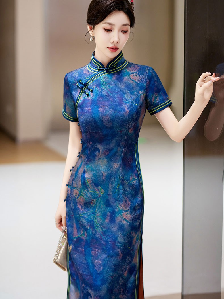 Blue Print Silk Long Qipao Cheongsam Dress Blue Print Silk Long Qipao Cheongsam Dress