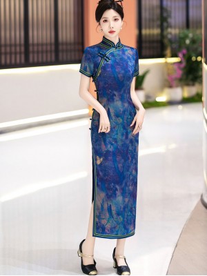 Blue Print Silk Long Qipao Cheongsam Dress