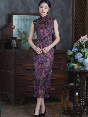 Purple Butterfly Floral Print Long Cheongsam Qipao Dress