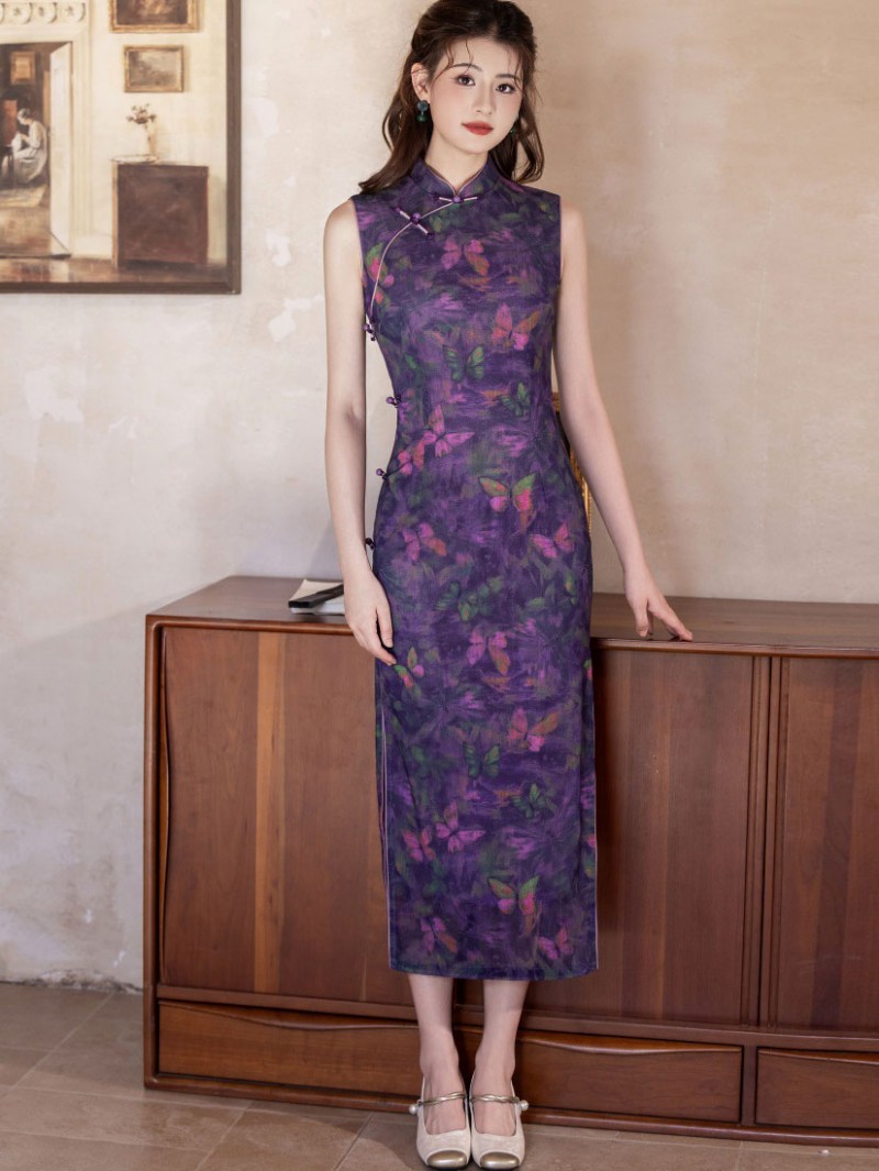 Purple Butterfly Floral Print Long Cheongsam Qipao Dress Purple Butterfly Floral Print Long Cheongsam Qipao Dress