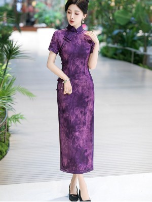 Purple Floral Print Silk Long Qipao Cheongsam Dress