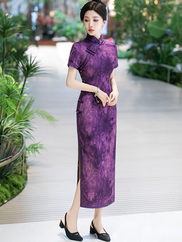 Purple Floral Print Silk Long Qipao Cheongsam Dress Purple Floral Print Silk Long Qipao Cheongsam Dress