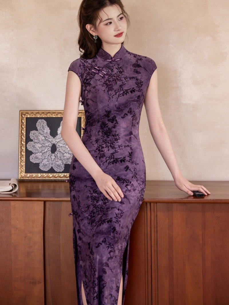Purple Floral Velvet Long Qipao Cheongsam Dress Purple Floral Velvet Long Qipao Cheongsam Dress