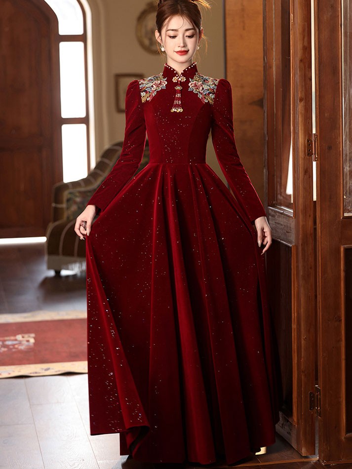 Burgundy Shimmer Lace A-Line Wedding Qipao Cheongsam Dress