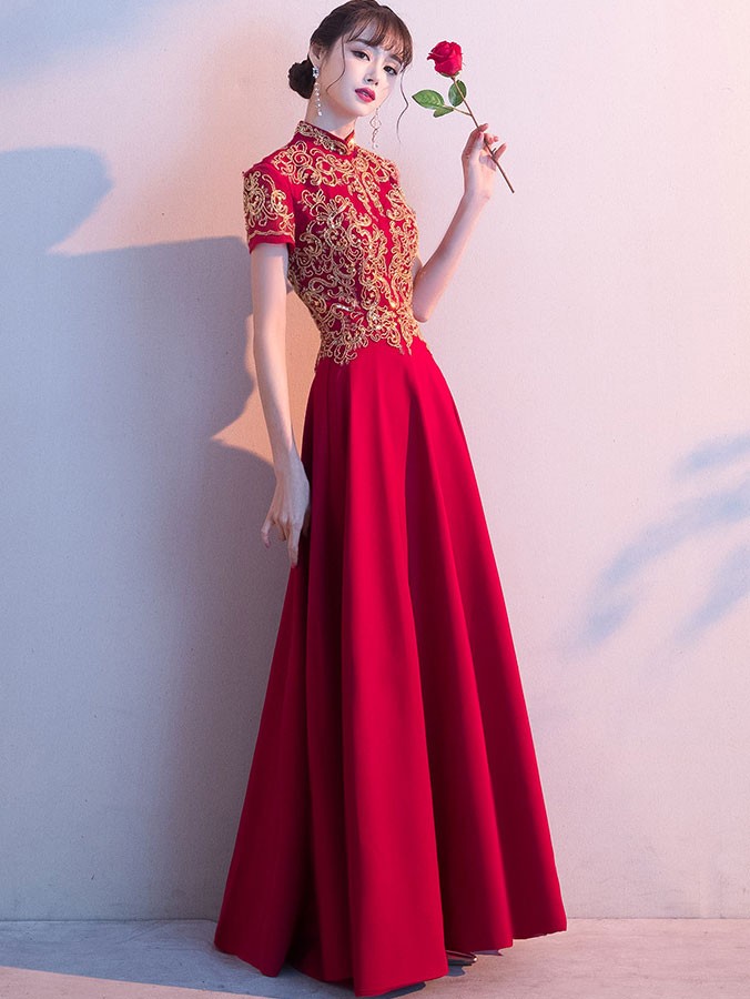 Gold Sequins Appliqués Wedding Bridal Qipao Cheongsam Dress