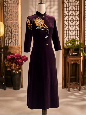 Red Purple Mothers A-Line Embroidered Velvet Cheongsam Qipao Dress