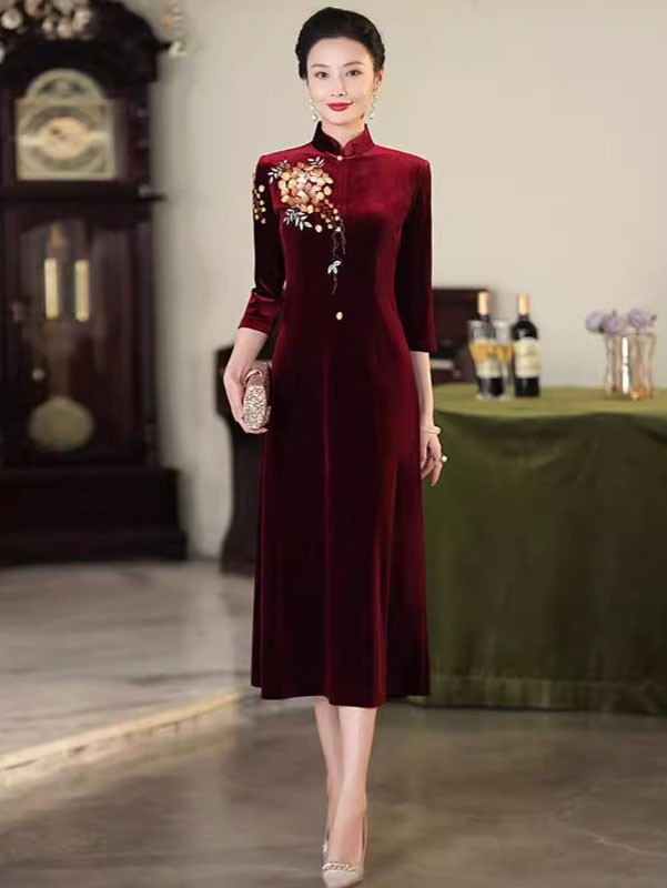 Red Purple Mothers A-Line Embroidered Velvet Cheongsam Qipao Dress