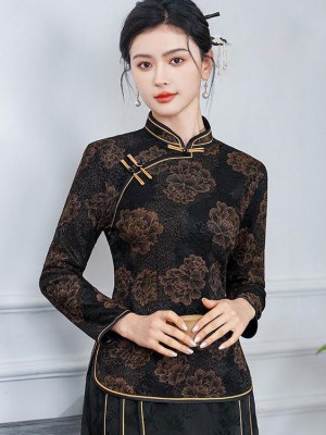 Black Red Jacquard Fleece Winter Cheongsam Blouse Top