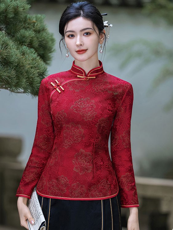 Black Red Jacquard Fleeced Winter Cheongsam Blouse Top Black Red Jacquard Fleeced Winter Cheongsam Blouse Top