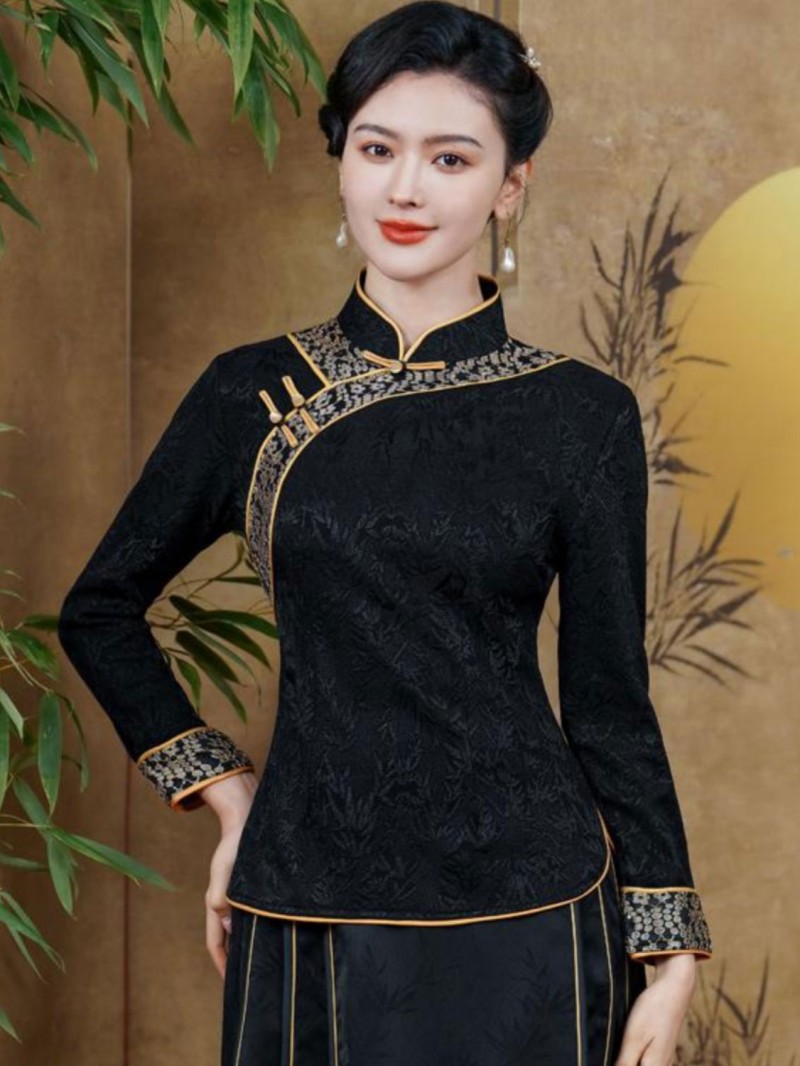 Black Red Woman Fleece Winter Cheongsam Blouse Top Black Red Woman Fleece Winter Cheongsam Blouse Top