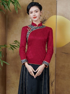 Black Red Woman Fleece Winter Cheongsam Blouse Top
