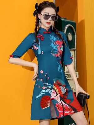 Blue Peking Opera Print Cheongsam Qipao Dress