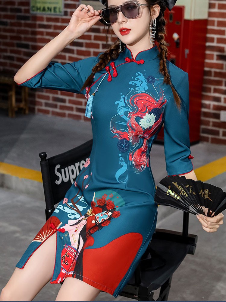 Red Peking Opera Print Cheongsam Qipao Dress Red Peking Opera Print Cheongsam Qipao Dress