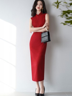 Red Jacquard Long Cheongsam Qipao Dress