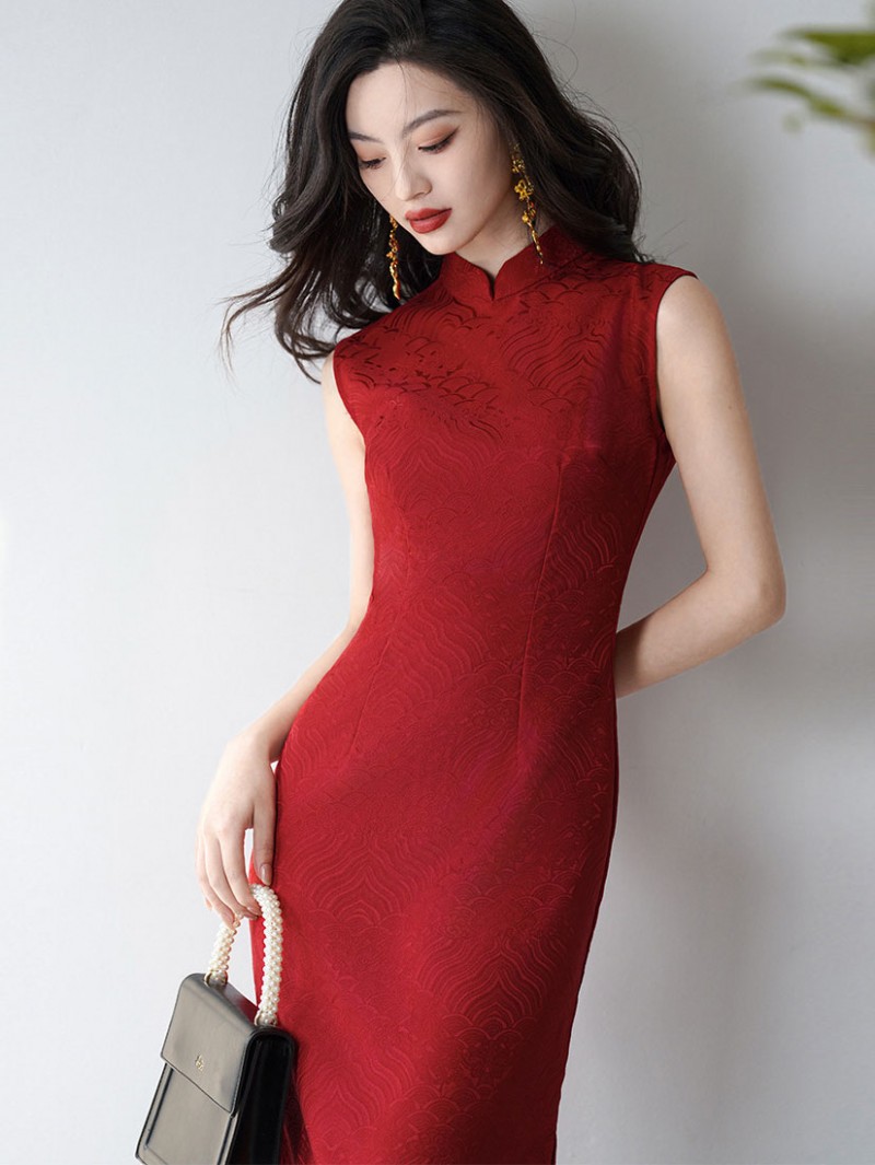 Red White Jacquard Long Cheongsam Qipao Dress Red White Jacquard Long Cheongsam Qipao Dress