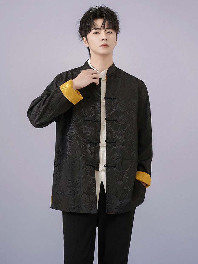 Man Chinese Reversible Jacquard Tang Suit Uniform Kungfu Jacket
