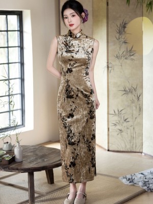 Floral Print Velvet Sleeveless Long Cheongsam Qipao Dress