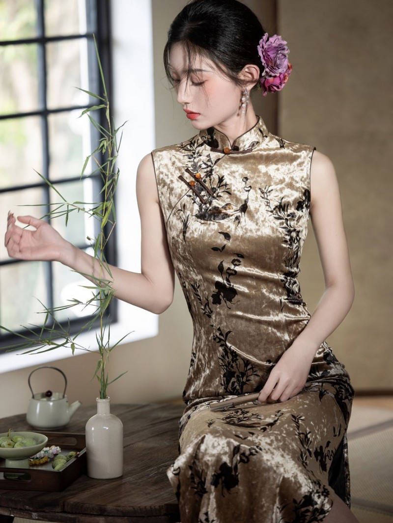 Floral Print Velvet Sleeveless Long Cheongsam Qipao Dress