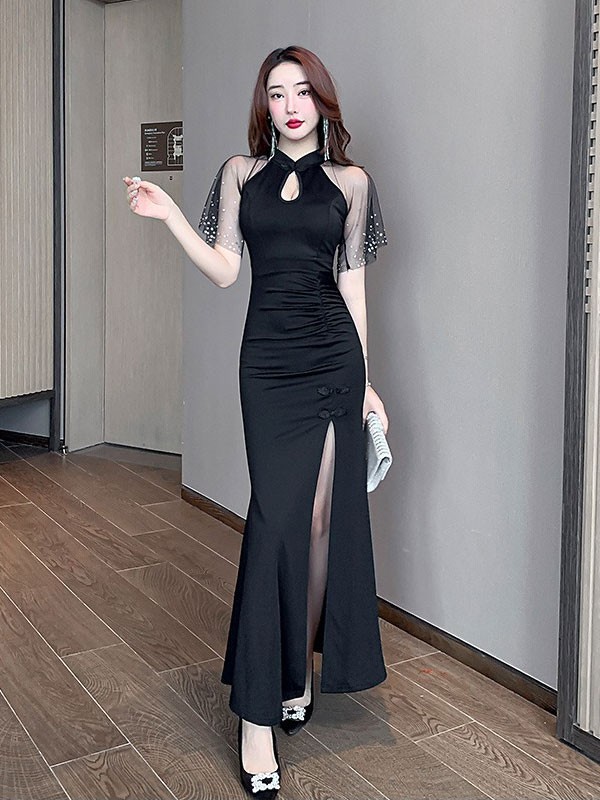 Black Burgundy Thigh Split Fishtail Qipao Cheongsam Dress